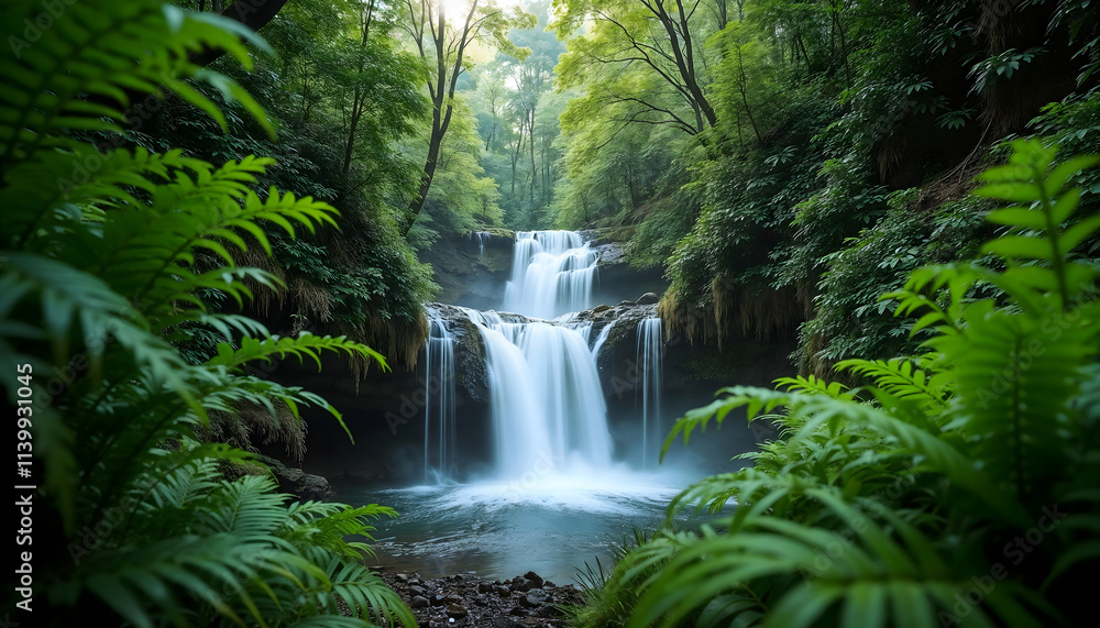 Obraz premium Waterfall framed by ferns