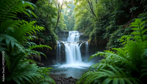 Waterfall framed by ferns