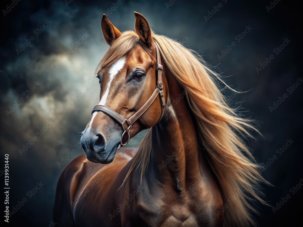 A breathtaking equestrian tilt-shift image; dark background emphasizes the horse's beauty. A breathtaking equestrian tilt-shift image; dark background emphasizes the horse's beauty.
