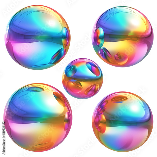 Holographic metallic spheres with vibrant Y2K inspired colors, featuring reflective and futuristic design in flat view. arrangement creates modern and artistic aesthetic photo