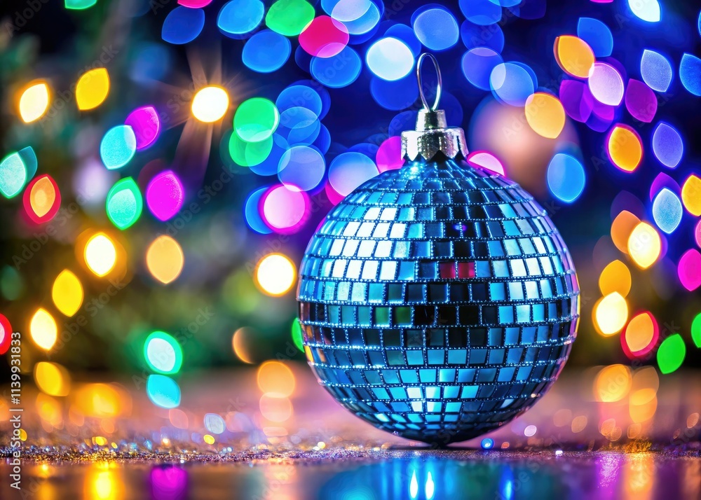 Obraz premium A dazzling blue Christmas bauble, resembling a disco ball, creates festive bokeh against a holiday backdrop.