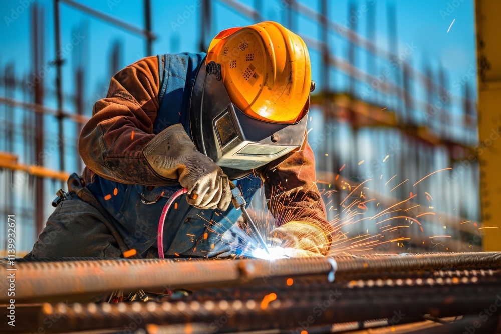 Skilled Welder Working on Construction Site with Protective Gear, Sparking Metal, Bright Sunlight, and Industrial Background in Action-Filled Scene Skilled Welder Working on Construction Site with Protective Gear, Sparking Metal, Bright Sunlight, and Industrial Background in Action-Filled Scene