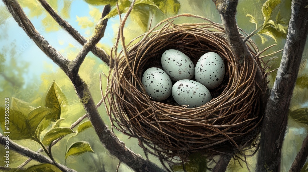 Bird Nest Containing Four Spotted Eggs In A Tree Bird Nest Containing Four Spotted Eggs In A Tree