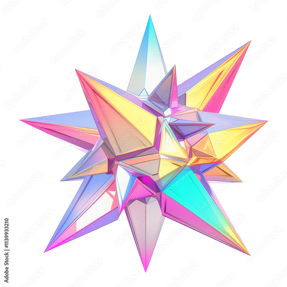 vibrant 3D metallic starburst shape with holographic colors, featuring sharp geometric edges and futuristic Y2K aesthetic, displayed on flat transparency background vibrant 3D metallic starburst shape with holographic colors, featuring sharp geometric edges and futuristic Y2K aesthetic, displayed on flat transparency background
