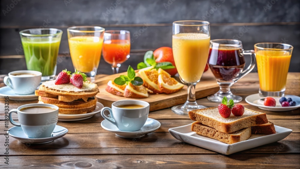 Morning set with a variety of drinks and toast , breakfast, morning, set, drink, variety, toast, plate, meal, coffee, tea, juice Morning set with a variety of drinks and toast , breakfast, morning, set, drink, variety, toast, plate, meal, coffee, tea, juice