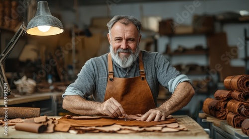 A leatherworker sits at a wooden workbench under warm lighting, focusing intently on crafting and cutting fine leather pieces with precision, in a cluttered workshop.