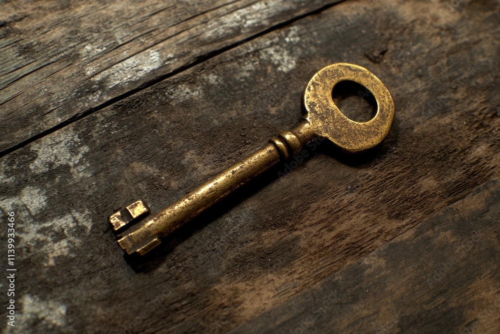 An antique brass key rests on a weathered wooden surface, suggesting mystery and forgotten secrets. An antique brass key rests on a weathered wooden surface, suggesting mystery and forgotten secrets.