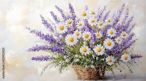 A beautiful bouquet of lavender and daisies, oil painting on canvas photo