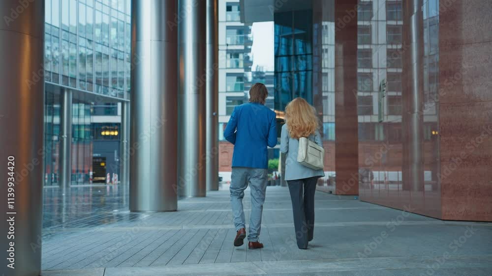 Back view of cute Caucasian couple walking together home after work. Enjoying their free time in fresh air. Wearing suits. Talking about what happened during working day. Planning relaxing evening. Back view of cute Caucasian couple walking together home after work. Enjoying their free time in fresh air. Wearing suits. Talking about what happened during working day. Planning relaxing evening.