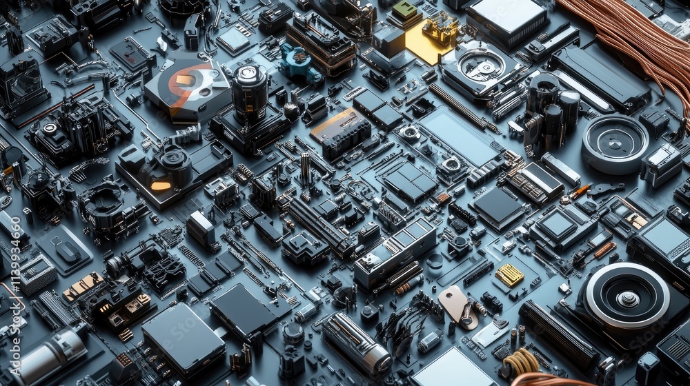 Abstract technological components arranged on a circuit board Abstract technological components arranged on a circuit board