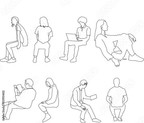 Set of linear vector drawings depicting people sitting in various poses. Minimalist and clean design suitable for architectural plans, interior visualizations, presentations, and graphic design.
