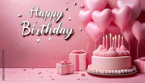 A cute, pink birthday scene with cake, candles, heart balloon and script text