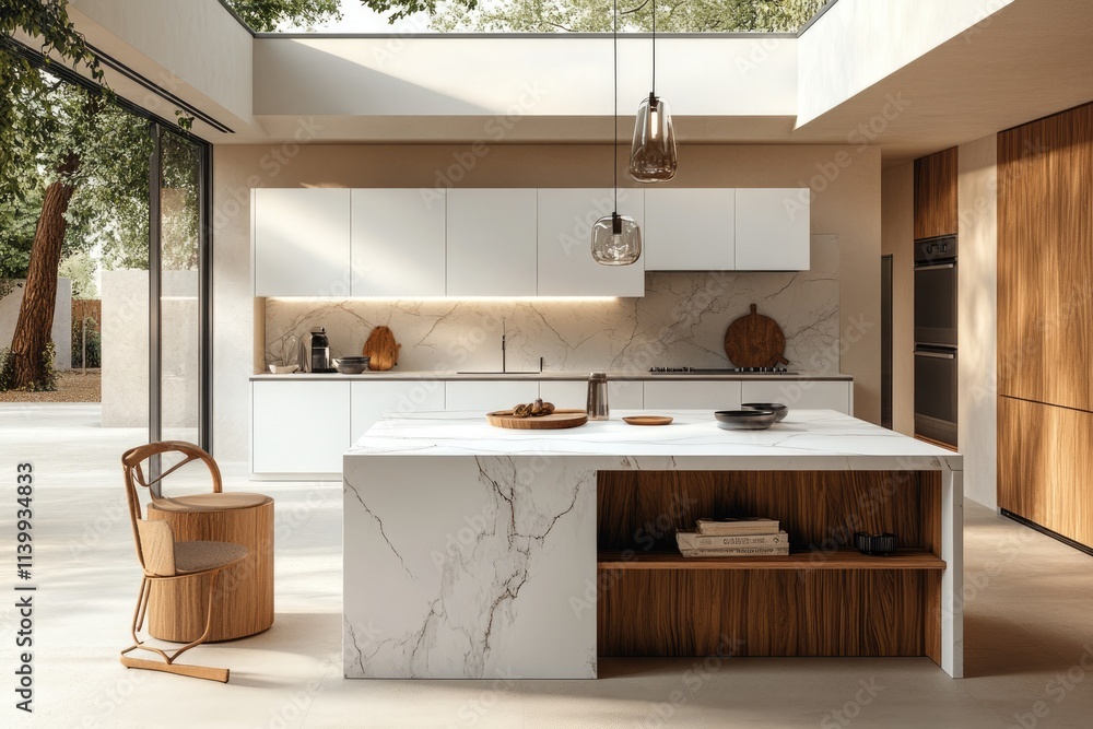 Fototapeta premium Modern minimalist kitchen design with marble island, wooden accents, and large windows overlooking a garden.