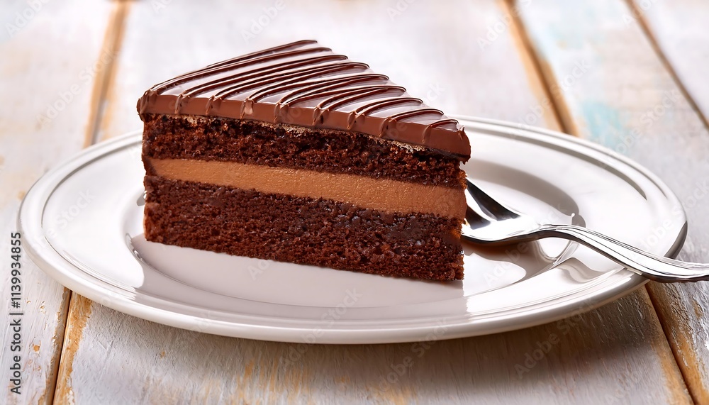 A decadent slice of layered chocolate cake, with frosting and drizzle, on a white plate A decadent slice of layered chocolate cake, with frosting and drizzle, on a white plate