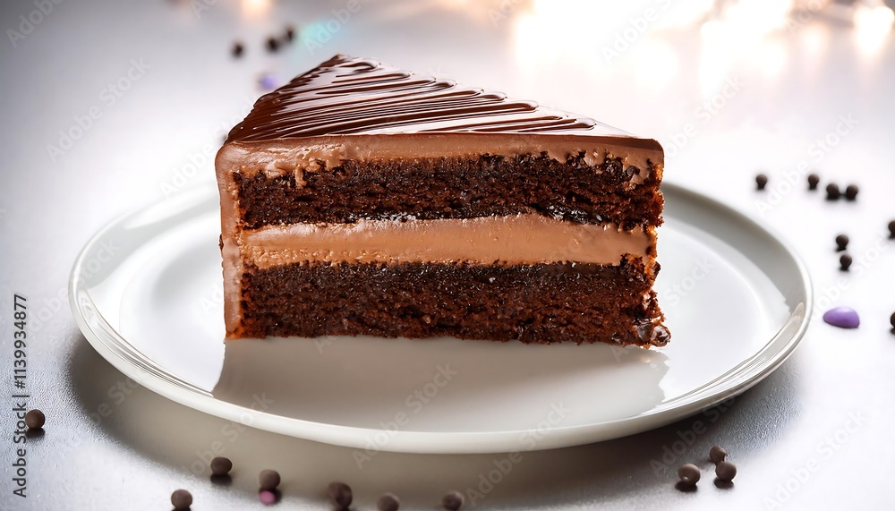 A decadent slice of layered chocolate cake, with frosting and drizzle, on a white plate A decadent slice of layered chocolate cake, with frosting and drizzle, on a white plate