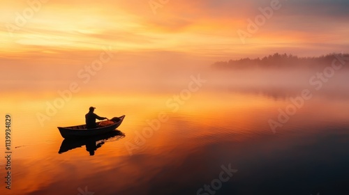 A single fisher in a wooden boat fishes in solitude on calm waters, silhouetted against a breathtaking orange and golden sunset sky, creating a tranquil scene.