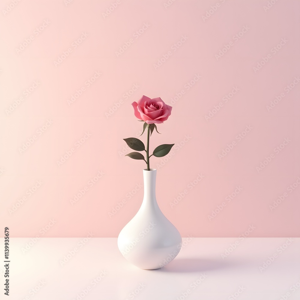 Single Pink Rose in White Vase on Pink Background Single Pink Rose in White Vase on Pink Background