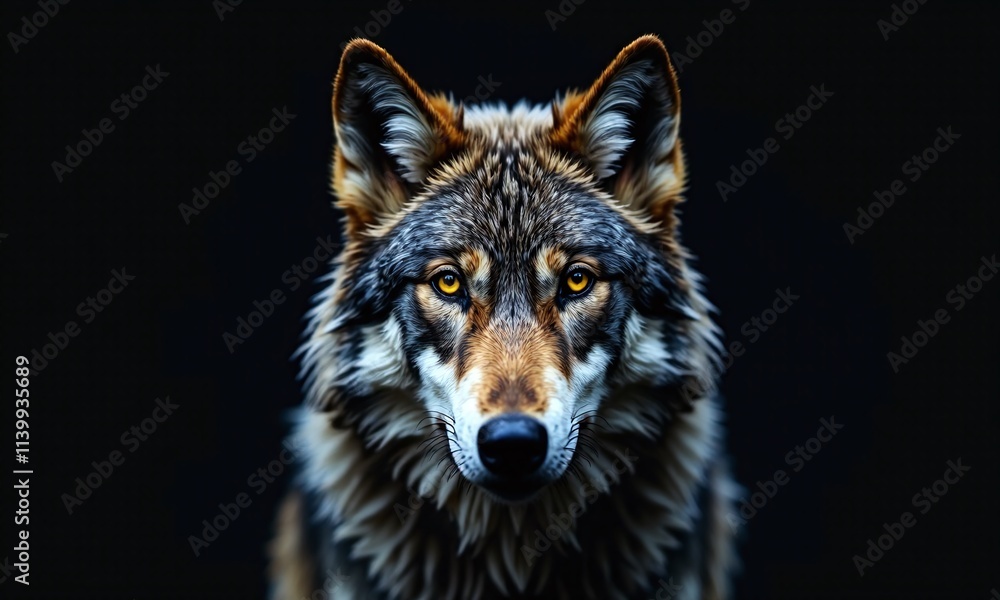 Fototapeta premium Wolf portrait piercing yellow eyes black background dramatic