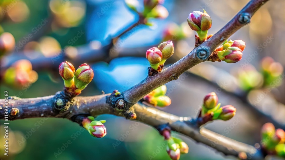 Close up of tiny flower buds sprouting from a tree branch, floral, nature, growth, close up, spring, bloom, green, fresh Close up of tiny flower buds sprouting from a tree branch, floral, nature, growth, close up, spring, bloom, green, fresh