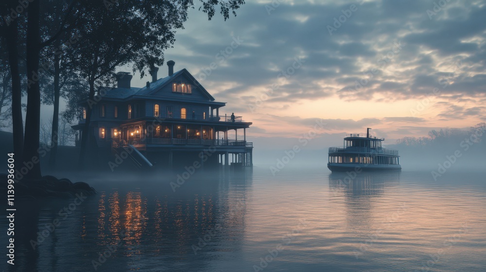 Obraz premium Lakeside Mansion and Steamboat at Dusk