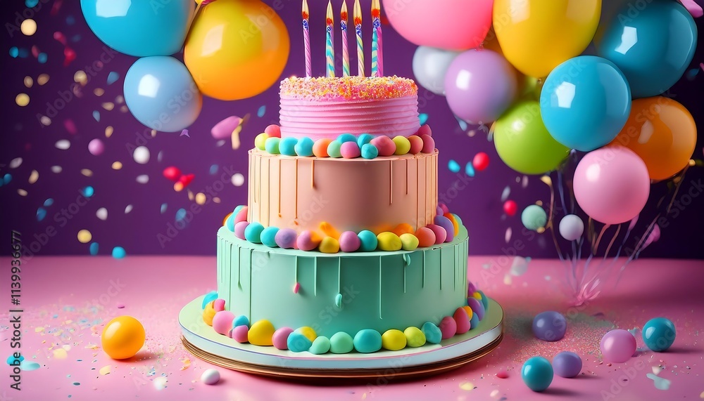 A playful, colorful three-tiered cake with candies and balloons, creating a festive birthday vibe A playful, colorful three-tiered cake with candies and balloons, creating a festive birthday vibe
