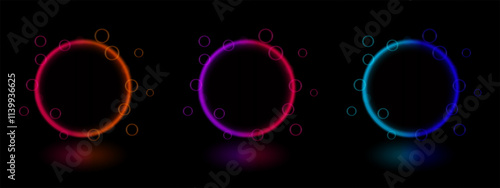 Neon circle set. Multiple glowing rings with light bubbles. Abstract futuristic design, luminescent halo, vibrant glow, digital technology interface, modern light effects, colorful decoration