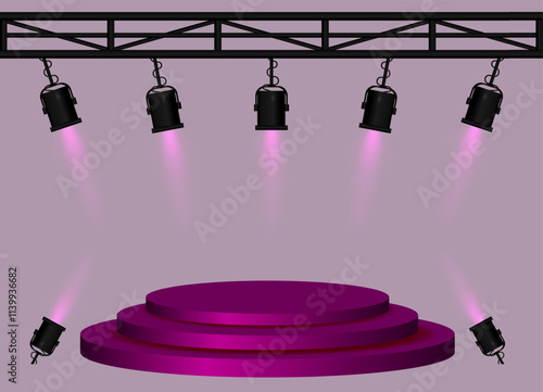 Stage purple spotlight. Elevated circular platform, black stage lights emitting beams, metal truss structure, performance setup, event lighting, presentation space, theatrical equipment