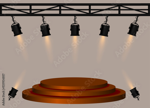 Stage golden spotlight. Elevated circular platform, black stage lights emitting beams, metal truss structure, performance setup, event lighting, presentation space, theatrical equipment