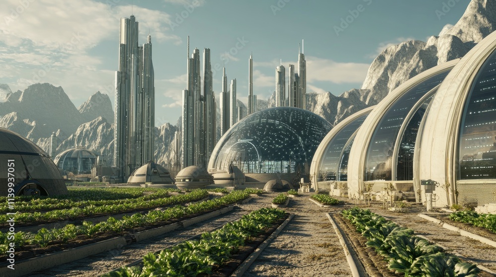 Naklejka premium Futuristic Cityscape Featuring Hydroponic Farm and Skyscrapers