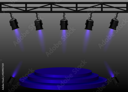 Stage purple spotlight. Elevated circular platform, black stage lights emitting beams, metal truss structure, performance setup, event lighting, presentation space, theatrical equipment