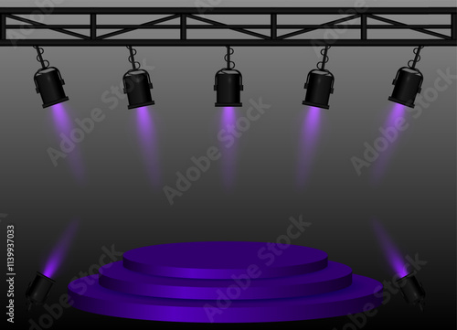 Stage purple spotlight. Elevated circular platform, black stage lights emitting beams, metal truss structure, performance setup, event lighting, presentation space, theatrical equipment