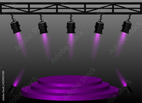 Stage purple spotlight. Elevated circular platform, black stage lights emitting beams, metal truss structure, performance setup, event lighting, presentation space, theatrical equipment