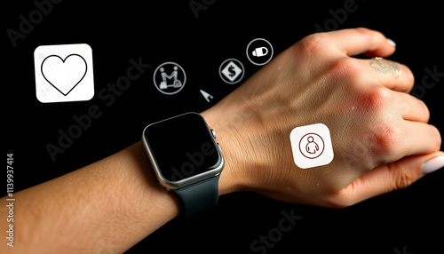 Female hand with smartwatch and health application icons nearby isolated . Shades of white., png