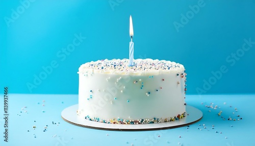 A simple white birthday cake, with sprinkles and a single lit candle, on a light blue backdrop photo