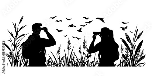 Birders carefully approaching known habitats of rare birds, observing without disturbance, Illustration