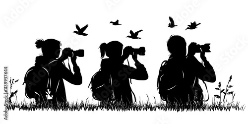 Birding enthusiasts patiently waiting with cameras ready, aiming to capture birds mid-flight, Illustration