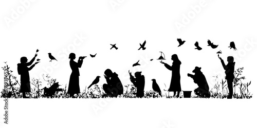 Birdwatchers setting up feeders in their yards to attract different species, Illustration