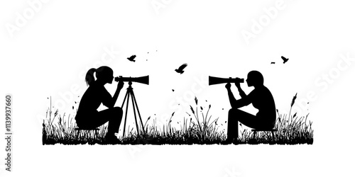 Birdwatchers setting up spotting scopes in open fields, watching birds on traditional migration routes, Illustration