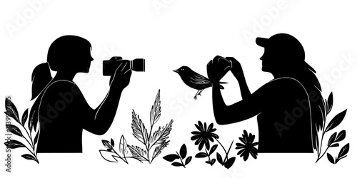 Birdwatchers framing shots with natural elements to capture bird behavior authentically, Illustration