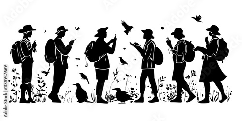 Birdwatchers observing birds resting and feeding before continuing their migration journey, Illustration