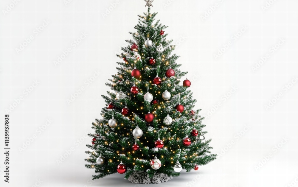 Decorated christmas tree with ornaments and lights, bright white background for festive holiday designs Decorated christmas tree with ornaments and lights, bright white background for festive holiday designs