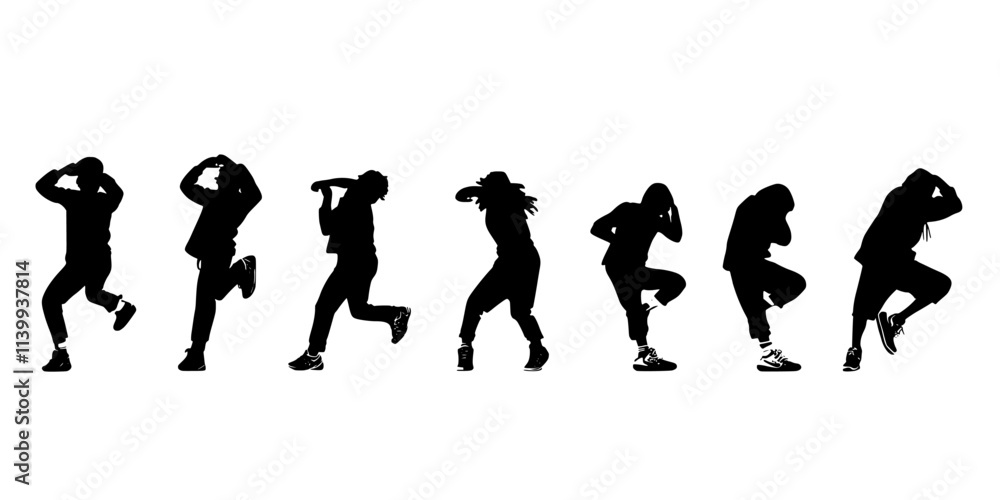 Dancers creating a formation while performing a hip hop routine in a competition, Illustration Dancers creating a formation while performing a hip hop routine in a competition, Illustration