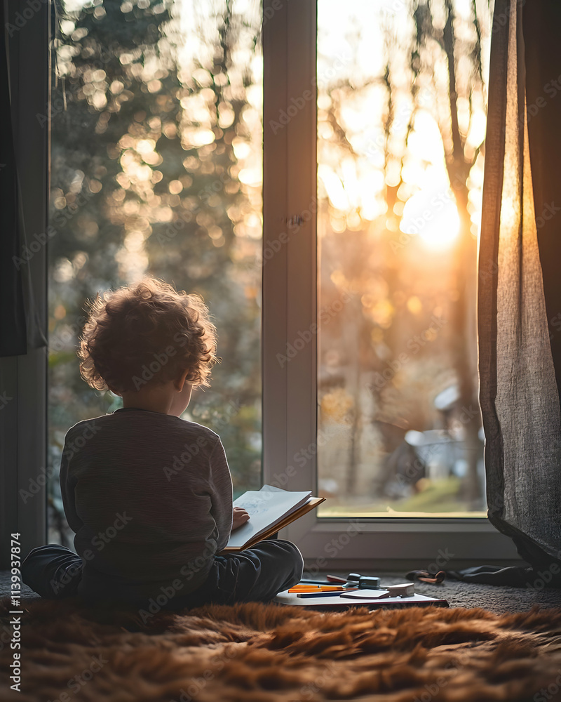 Child Reads Book by Window at Sunset, Cozy Child Reads Book by Window at Sunset, Cozy