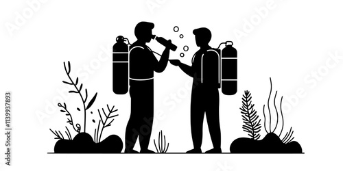 Diver preparing oxygen tanks and checking equipment before entering the water, Illustration