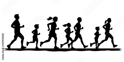 Families walking together while participating in a local fun run event, Illustration