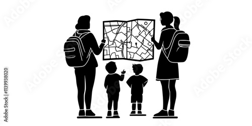 Family member reviewing map and planning stops for a road trip, Illustration