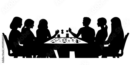 Family members sitting around a table taking turns moving pieces across the game board, Illustration