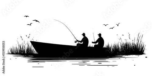 Fishers launching boats into calm lakes for a day of fishing, Illustration