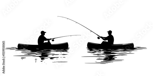 Fishers managing both paddling and casting techniques, keeping steady pace on calm waters, Illustration