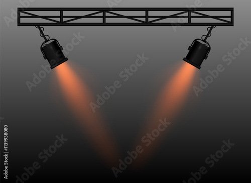 Orange Spotlight. Two black stage lights mounted on a truss, casting bright beams, theatrical lighting effect, performance scene, illumination, event setup, focused light projection, wallpaper